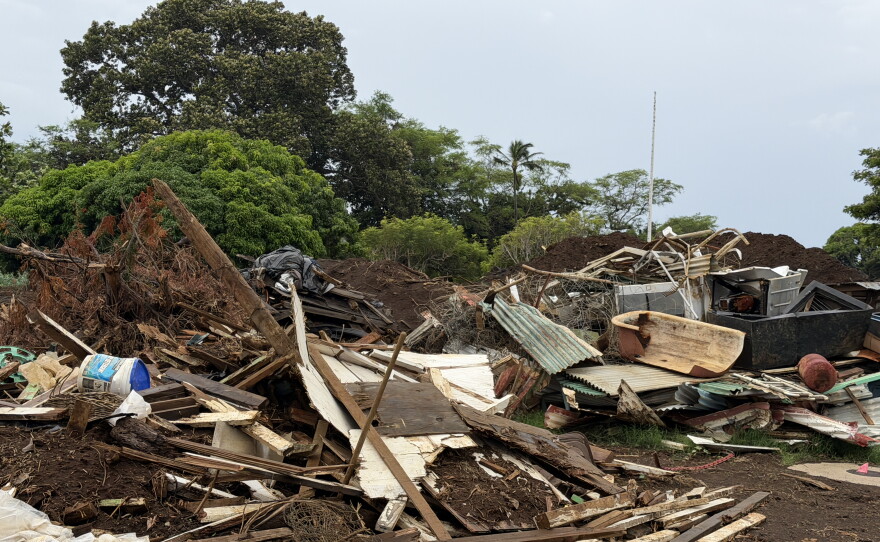 Debris behind the 76 gas station in Nāʻālehu left behind by Hurricane Lala.