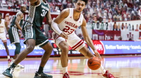 Indiana's Trayce Jackson-Davis backs down Michigan State's Julius Marble during a game at Simon Skjodt Assembly Hall.