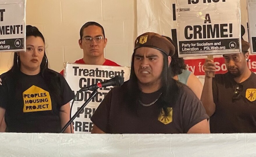 Pete Guajardo from Brown Berets spoke at the Party for Socialism and Liberation held a press conference on Saturday May 24 2025 against Gov. Michelle Lujan Grisham's deployment of the National Guard in Albuquerque, NM.