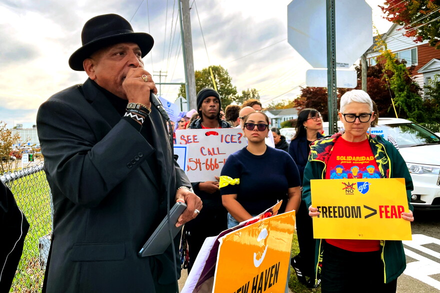 Rev. Scott Marks stands outside Tweed-New Haven Airport on the afternoon of October 21, 2026 with members of the New Haven Immigrant Coalition and other pro-immigrant advocates. He is the director of the social justice community group New Haven Rising and a pastor of New Growth Praise Center Church of God in Christ. "We are here to say clearly: no agency is above the rule of law," Marks said, "and no agent walks through these doors without accountability."