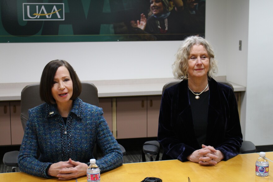 UAA Chancellor Cathy Sandeen (left) and School of Education Interim Director Claudia Dybdahl talk to reporters about UAA's education department losing its initial licensure national accreditation. (Photo by Wesley Early, Alaska Public Media - Anchorage)