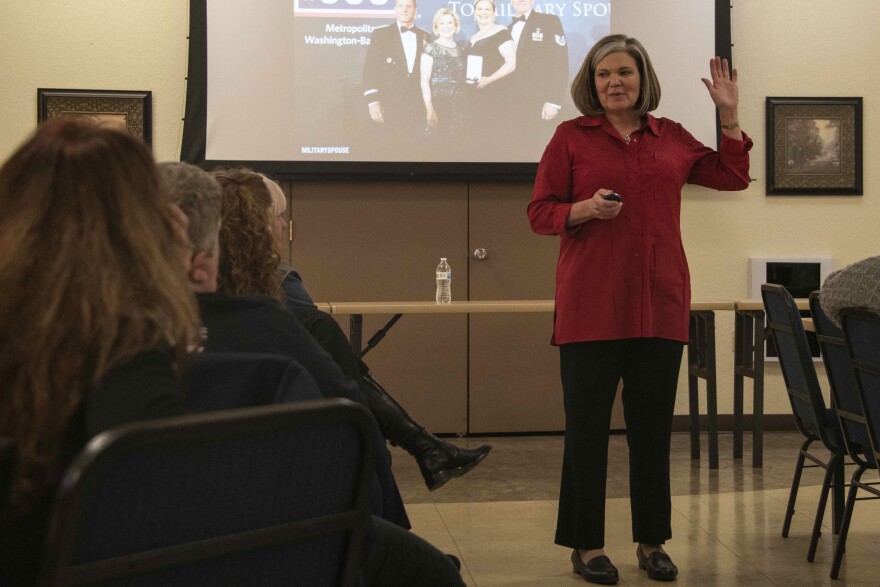 Kristen Christy speaks to military spouses in Feb. 2020 at Altus Air Force Base, Okla. Christy has traveled to several bases telling the story of her husband's suicide.