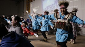 Cama'i 2026 Living Treasure Arevgaq Theresa John dances with the Qaluyaarmiut Yurartet group on March 27, 2026 in Bethel, Alaska.