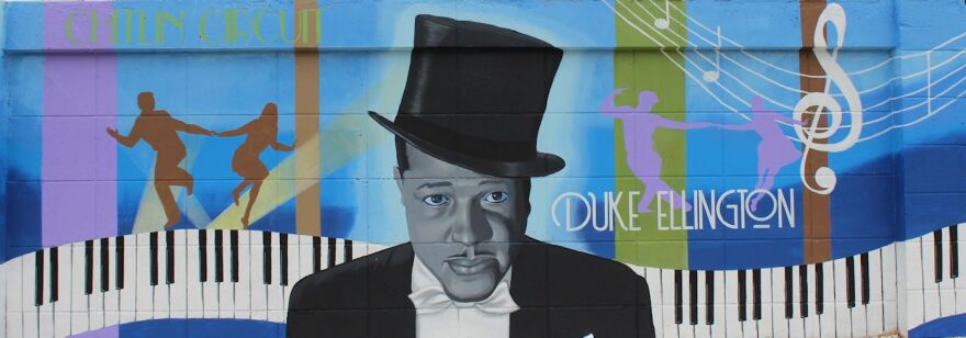 Duke Ellington is featured in Panel 23 of the Buck's Backyard Mural at McCollum Hall.