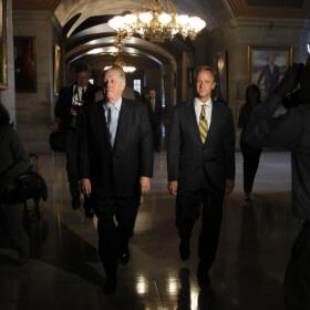 Tennessee Gov. Phil Bredesen, left, and Gov.-elect Bill Haslam walk to a news conference in the Capitol on Wednesday, Nov. 3, 2010, in Nashville, Tenn. (Mark Humphrey/AP)