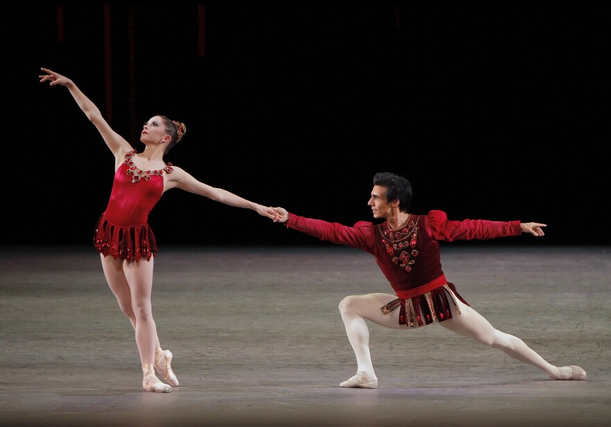 New York City Ballet principal dancers Megan Fairchild and Joaquin De Luz perform "Rubies."<em> (</em><em>Jewels, choreography by George Balanchine, © The George Balanchine Trust)</em>