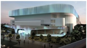 A conceptual rendering shows proposed improvements to the Pensacola Bay Center, including exterior renovations and LED lighting. Escambia County commissioners are considering a roughly $74 million first phase to modernize the existing facility.