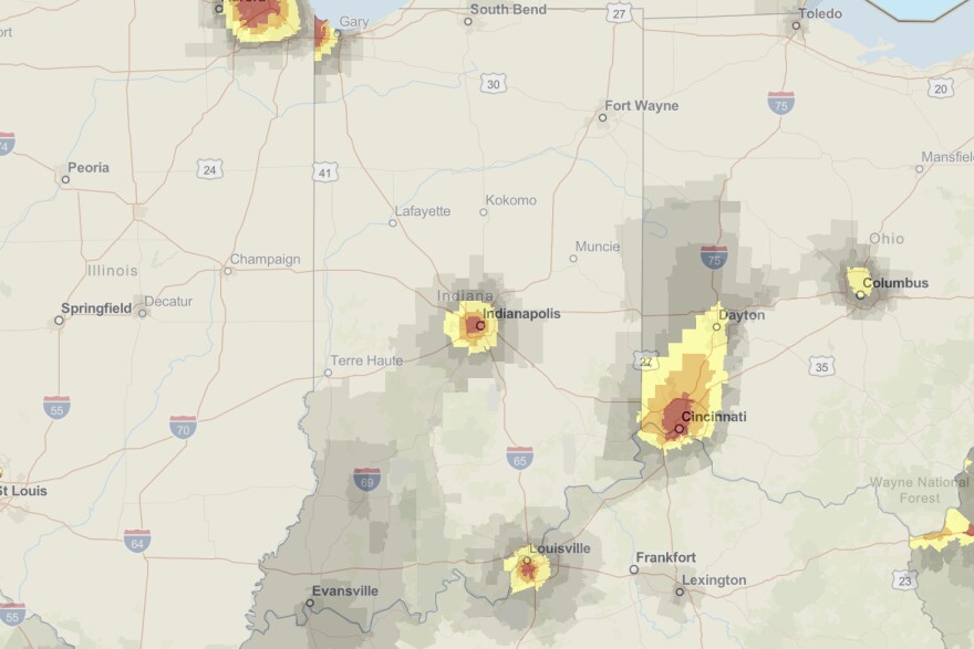 This map shows areas where particle pollution — also known as soot — is higher than the national average. Soot comes from things like cars, factories, and coal plants.