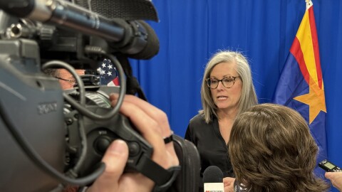Arizona Gov. Katie Hobbs addresses reporters in Phoenix on February 2, 2026. She said Colorado River states are unlikely to reach an agreement before the upcoming deadline, but that states were on a path towards a deal.