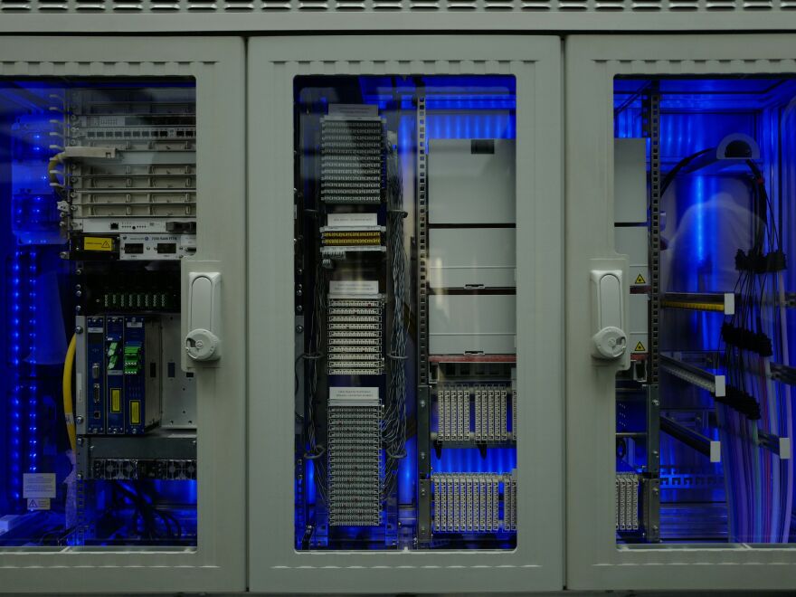 A cabinet containing components of a broadband network using optical fiber is on display at Germany's Ministry of Transport and Digital Infrastructure.
