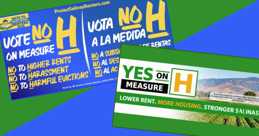 A blue and yellow sign describes why to vote No. A green and orange sign says Yes on H with its reasons.