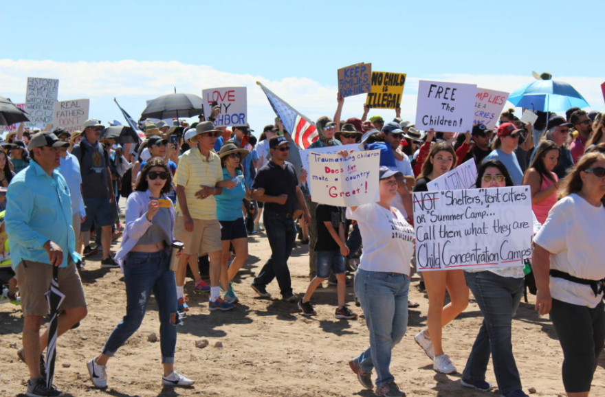 Marchers protest against a detention center in Tornillo, Texas on June 17, 2018.