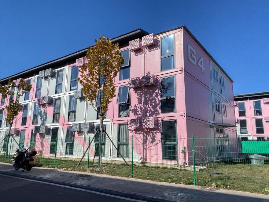 Zone G in a quarantine center turned housing units. The complex is divided into nine zones, named after letters from A to L, a design that was meant to make quarantine management convenient. Inside each window of the building is a 190-square-foot studio, equipped with a bed, a sofa and a bathroom.