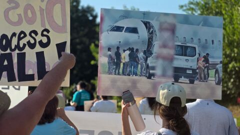 Immigration activists gathered across the Wilson FBO on Tuesday, Aug. 8, to demand the Wilson family to stop "ICE flights" out of their private terminal.