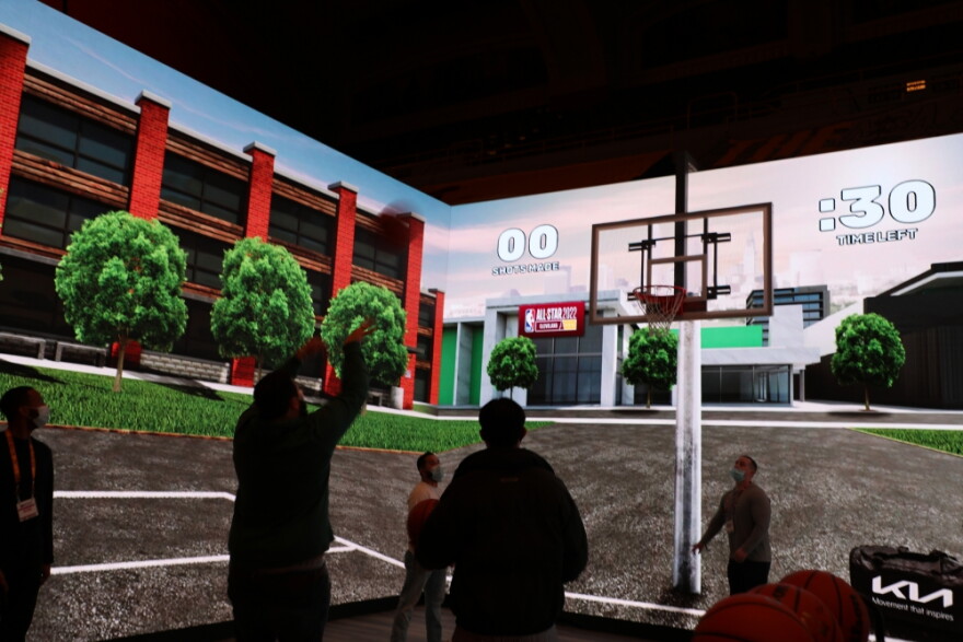 This giant arcade basketball game is set up at Public Auditorium.