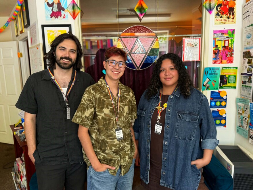 From left to right: Education and Advocacy Coordinator Maximilian Cordeiro, Trans & Gender Non-Conforming Program Coordinator Blue Martinez, and Executive Director Justina Sotelo at the Stonewall Alliance Chico Center in Chico, Calif. on July 23, 2026.