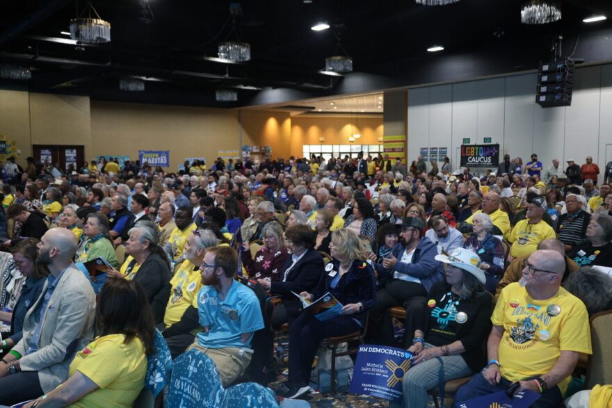 Democratic candidates across New Mexico gathered March 7, 2026, in Mescalero for a pre-primary convention during which they tried to whip up support from delegates to get on the primary ballot and railed against President Donald Trump’s policies. (Patrick Lohmann/Source NM)