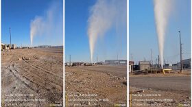 Stills from video footage of a geyser of oilfield wastewater at a site operated by NGL Energy Partners in southeast New Mexico.