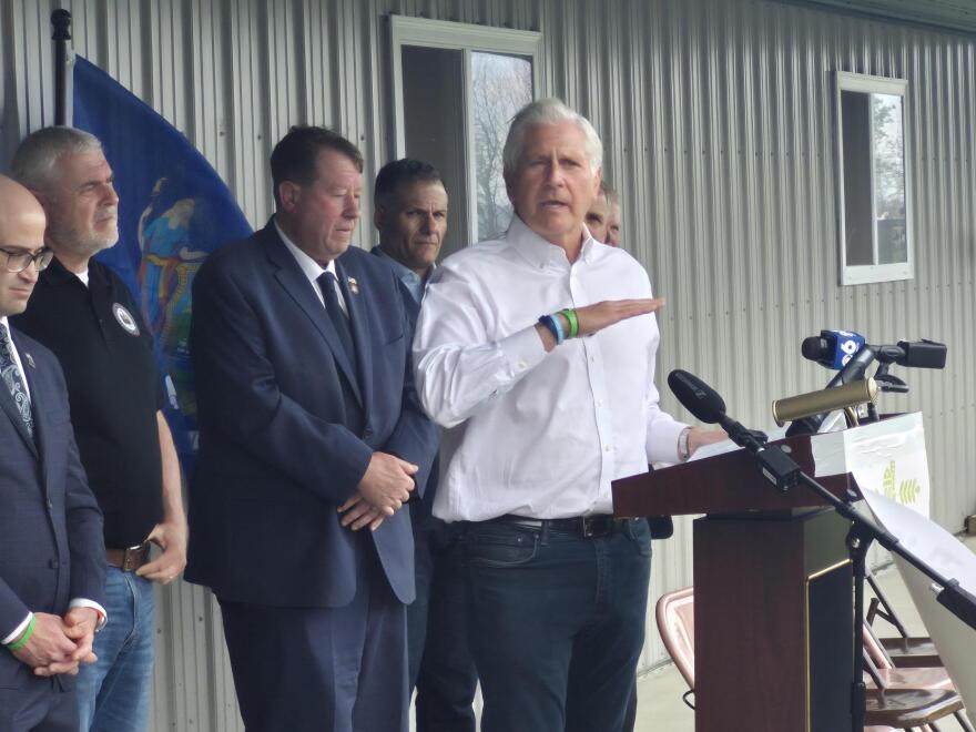 Republican candidate for governor and Nassau County Executive Bruce Blakeman speaks during a news conference on Thursday, April 16, 2026, at Hessian Hill Farm in Schoharie County. He was joined by other lawmakers including Assemblymember Chris Tague, R-Schoharie, and the farm's owners.