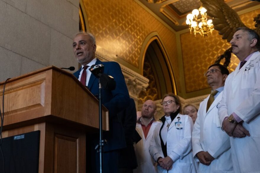 Sen. Saud Anwar speaks at a rally at the state Capitol to preserve Manchester Memorial Hospital, Rockville General Hospital and Waterbury Hospital.