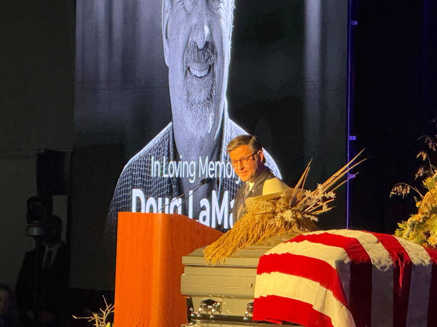 House Speaker Mike Johnson speaking at Doug LaMalfa's memorial at the Silver Dollar Fairgrounds on Jan. 24, 2026.