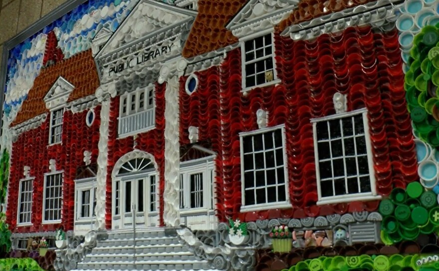 Bottlecap art on display at the library in Antigo