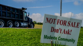 A sign in Modeste, Louisiana, on Tuesday, June 9, 2026, reads: "NOT FOR SALE Don't Ask!" Some residents in Ascension Parish say they’ve been kept in the dark about the Hyundai Steel project and refuse to sell their property for the site. 