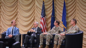 Alaska Defense Forum participants discuss community needs across Alaska and their connections to military readiness. From left to right: Fairbanks North Star Borough Mayor Grier Hopkins, Deputy Assistant Secretary of the Air Force Robert Moriarty, Eielson Air Force Base Commander Col. Matthew Johnston, and Joint Base Elmendorf-Richardson Commander Col. David Werner.