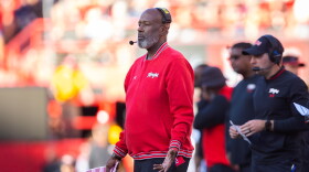 Maryland head coach Michael Locksley, left, reacts to a referee's call as his team plays against Nebraska during the first half of an NCAA college football game Saturday, Oct. 3, 2026, in Lincoln, Neb. (AP Photo/Rebecca S. Gratz)