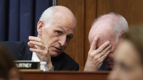 House Armed Services Committee Ranking Member Rep. Adam Smith, D-Wash., speaks with Rep. Joe Courtney, D-Conn., during the House Armed Services Committee hearing on the Department of the Navy's budget request for fiscal year 2024, on Capitol Hill in Washington, Friday, April 28, 2023. (AP Photo/Carolyn Kaster)
