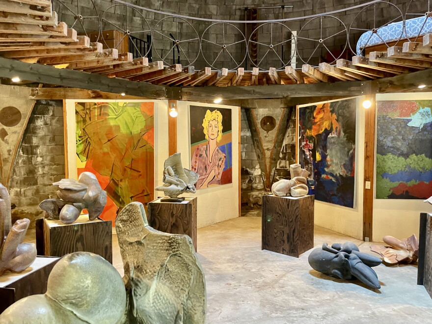 Artworks by Ginny and Paul Soldner fill a beehive-shaped structure at what is now the Soldner Center for the Arts and Innovation in Aspen. Paul previously used the building as a studio, and filled it with Ginny’s paintings after she died; more than a decade and a half later, after Paul died, their daughter Stephanie added his sculptures to the space