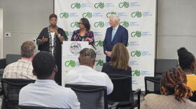 Melanie Porter, Community Action Organization of WNY Hope Initiative senior program director, far-left, describes the impact of CAO's new DRIVE for Success program, alongside CAO President Marie Cannon and Erie County Clerk Mickey Kearns.