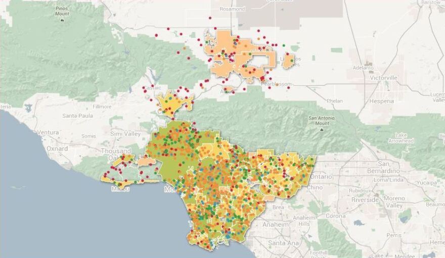 A screenshot of an interactive map created by UCLA students of urban agriculture initiatives in Los Angeles County.