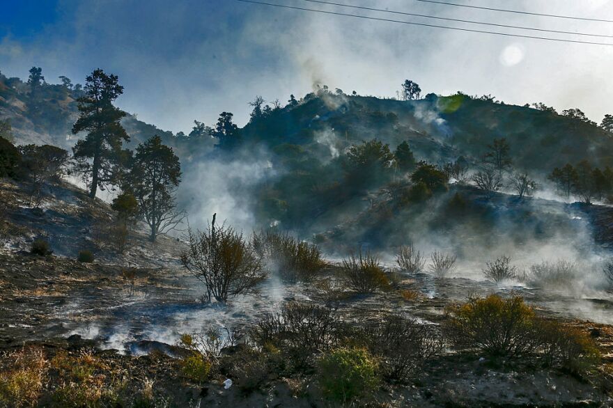 Smoldering hillside from Blue Cut Fire along Highway 2 on the way to Wrightwood.