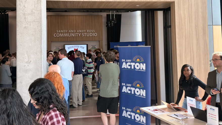 Ohio State University students attend a campaign rally for Dr. Amy Acton, the Democratic candidate for Ohio governor, at WOSU Public Media on October 14, 2026.