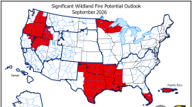 A map showing the wildland fire potential for September. Parts of the country are red, meaning above average potential. Wyoming is white, meaning normal fire potential.