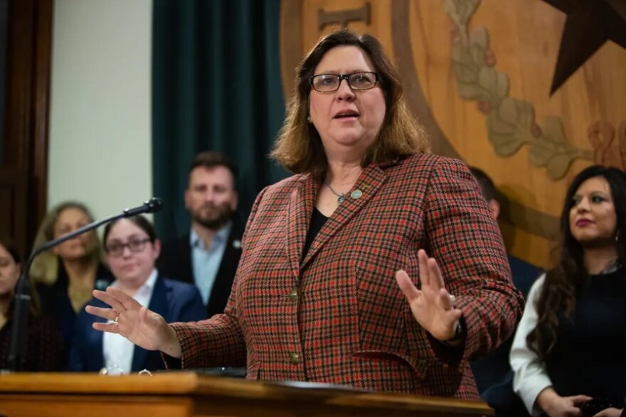 State Rep. Julie Johnson, D-Carrollton, speaks to the press in Austin to announce the new LGBTQ Caucus on Feb. 5, 2019.