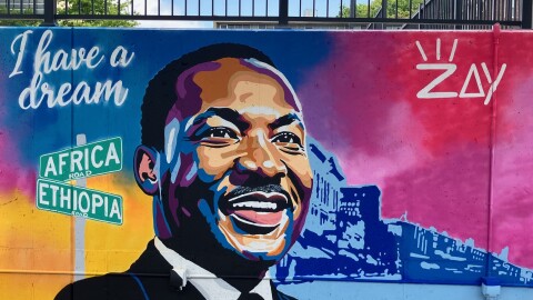The new Martin Luther King, Jr. mural by Zay Williams behind the stage of MLK Park, 501 N. Brady St., Davenport.