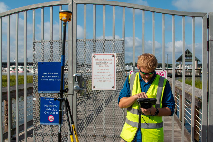 Derek Thorn, a geographer with the U.S. Army Corps of Engineers, Charleston District, conducts topographic surveys near Brittlebank Park and the Ashley River bridges on the westside of downtown Charleston, South Carolina, Sept. 11, 2026, to determine precision elevation markers for the planned perimeter storm surge barrier. The Charleston Peninsula Coastal Storm Risk Management project kicked off in 2018 to reduce storm surge risks, protect vital transportation corridors, and bolster long-term coastal resilience across the low-lying peninsula with an engineered 10-foot NAVD88 barrier alignment. (U.S. Army Corps of Engineers photo by Dylan Burnell)