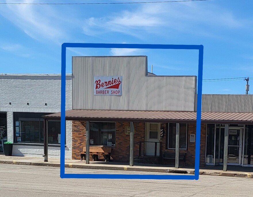 A historic storefront in De Smet, S.D., with the sign Bernies Barber Shop.