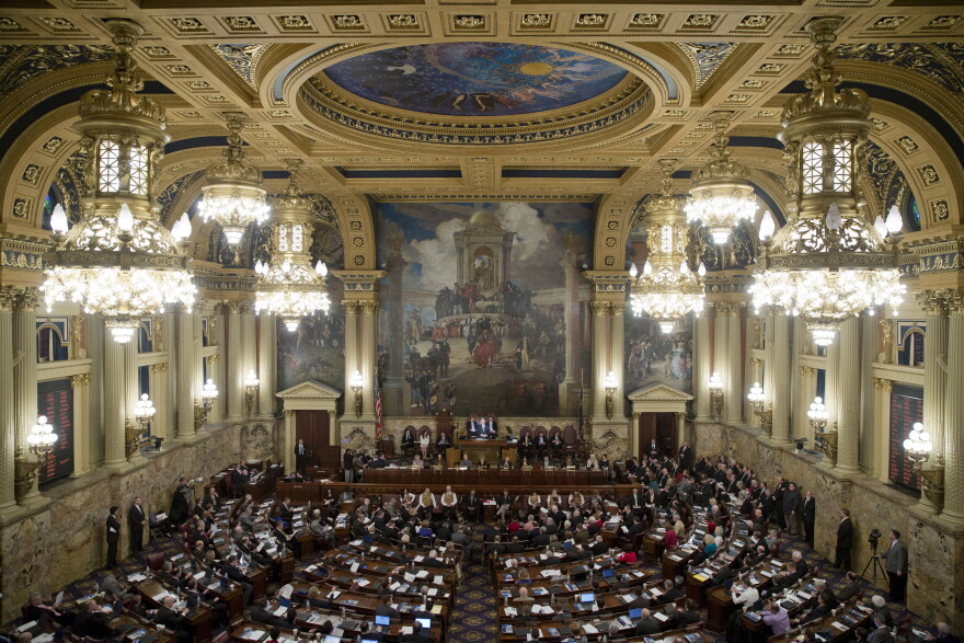 FILE - Shown is the Pennsylvania House of Representatives, Feb. 4, 2014, in Harrisburg, Pa. A Democratic-sponsored proposal to boost public school funding by billions in the coming years and impose stricter rules on cyber-charter schools passed the Pennsylvania House on Monday, June 10, 2024, in a test of political will as lawmakers haggle over the coming year's state budget.