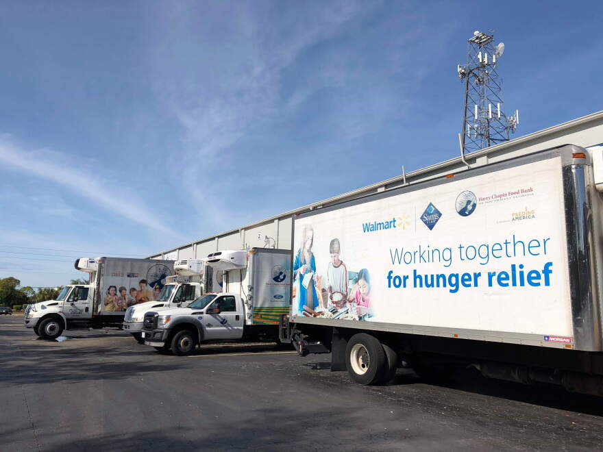 Trucks outside the food bank's warehouse.