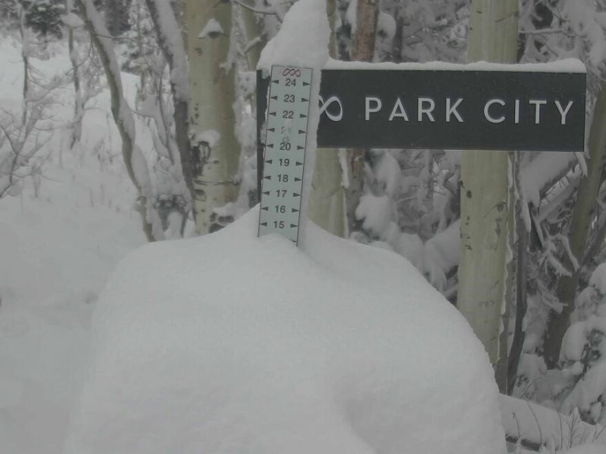 A measurement at 9,200 feet at Park City Mountain shows an accumulation of 14" Tuesday.