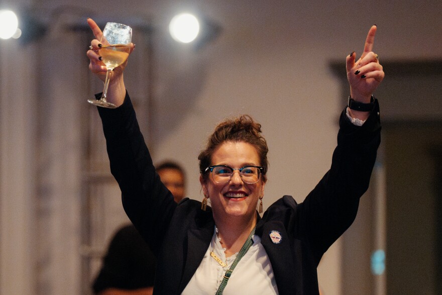 Hope Clinic’s Michele Landeau celebrates during a Missourians for Constitutional Freedom Amendment 3 watch party on Tuesday, Nov. 5, 2024, at the Marriott St. Louis Grand in downtown St. Louis.