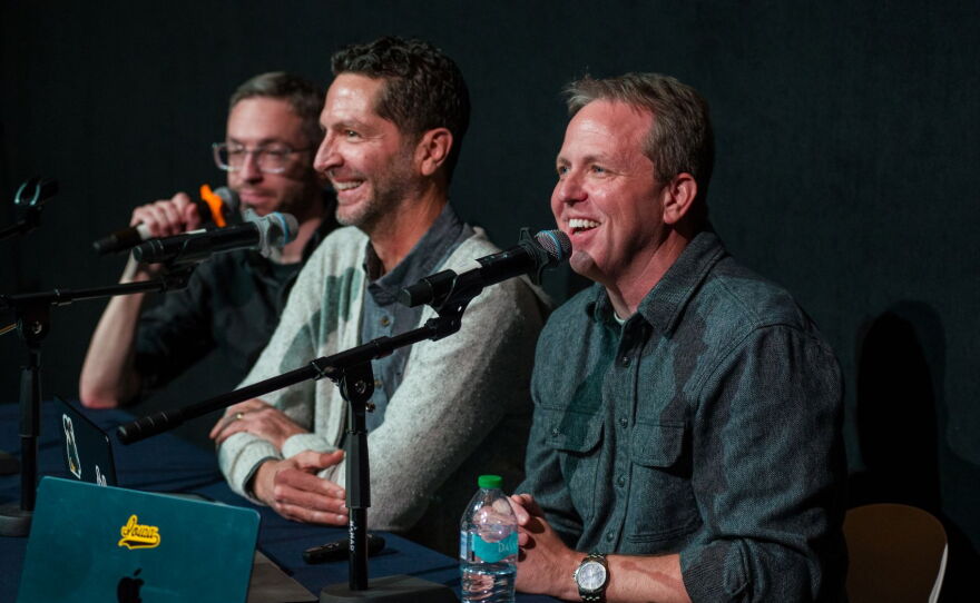 Filmspotting podcast hosts Adam Kempenaar (right) and Josh Larsen (center) were joined by film critic Matt Singer for a live recording of the show.