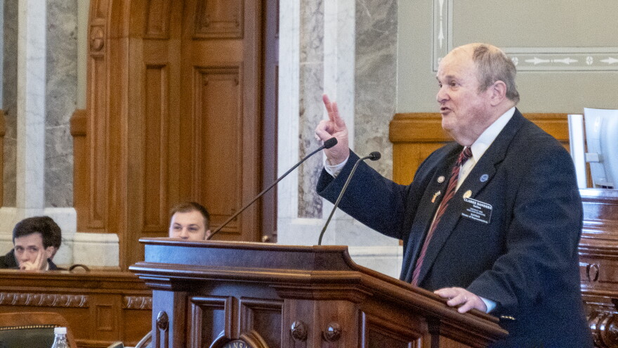 Rep. Clarke Sanders, R-Salina, won't appear on the November ballot after the Kansas secretary of state granted his request to withdraw. He is the second Republican nominee to step aside from the general election due to health issues. GOP nominee Cody Ward withdrew in the 110th District of the Kansas House. This is a March 19, 2025, image of Sanders speaking on the Kansas House floor.