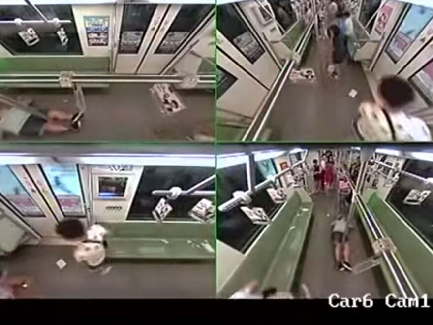A still from the surveillance camera footage shows the fainting man (top left and bottom right) lying alone in a subway car, as the few remaining occupants hurry away.