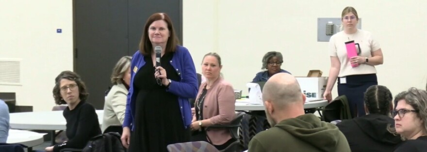 GRPS Chief Financial Officer Rhonda Kribs speaks with community members at the district's School Budget 101 Workshop.