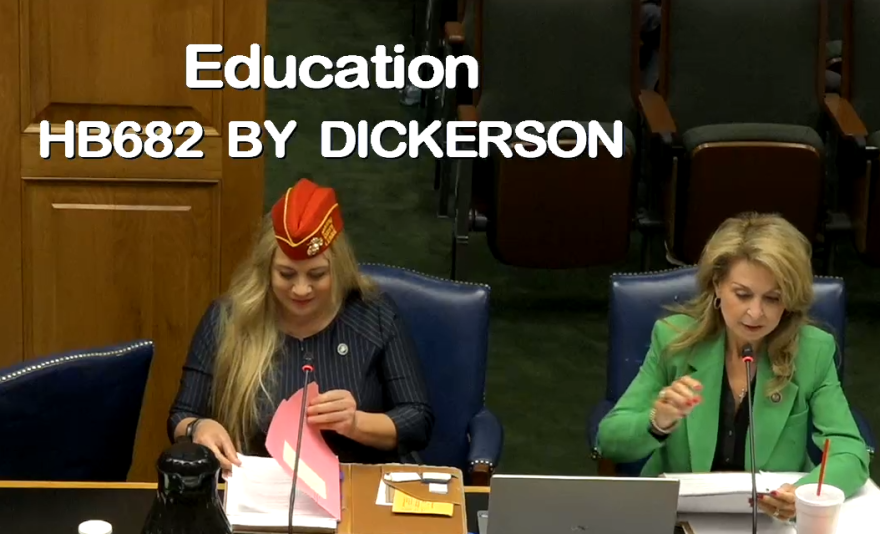 The author of Louisiana House Bill 682, Rep. Kellee Dickerson, R-Denham Springs (Right), testifies before the Louisiana House Education Committee on Wednesday, April 1, 2026, at the state capitol in Baton Rouge. She is joined by U.S. Marine veteran Elana Branzaru, Chair of the Baton Rouge Mayor's Advisory Council on Veterans Affairs (left).