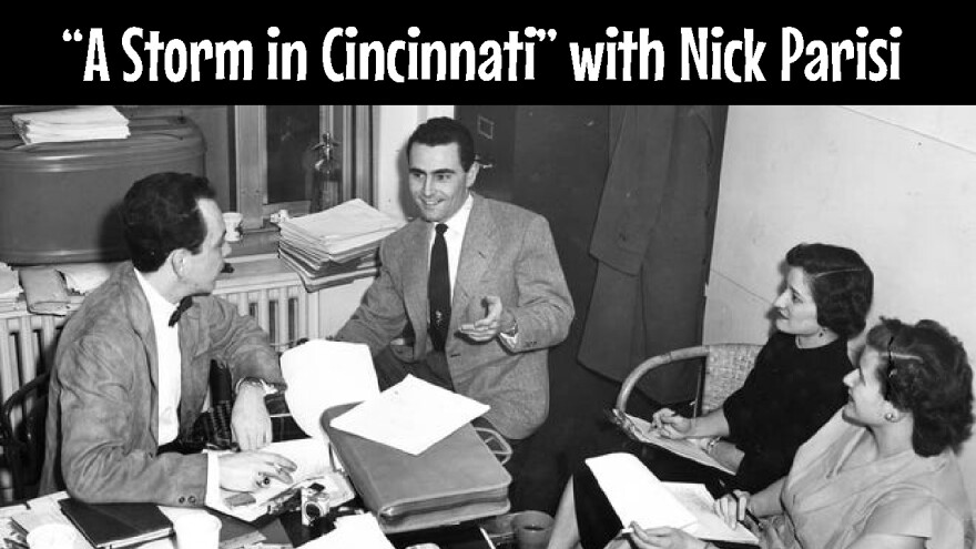 Rod Serling (center) chats with WKRC-TV's Bob Huber, executive producer of "The Storm," in the TV station offices in the old Times-Star Building at 800 Broadway in this promotional slide for Nick Parisi's session during the Serling festival.